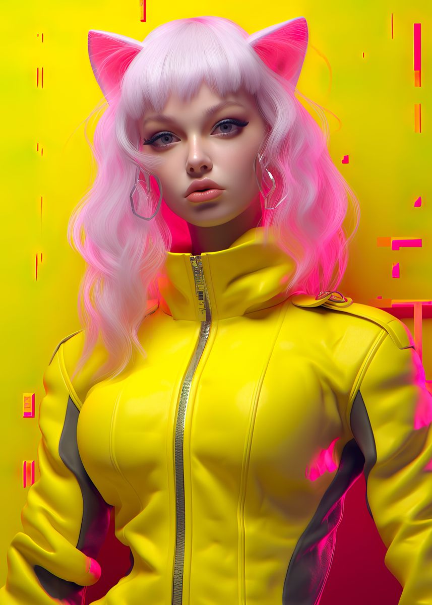 Neon Anime Cat Girl ' Poster, picture, metal print, paint by hassen  bouchemma