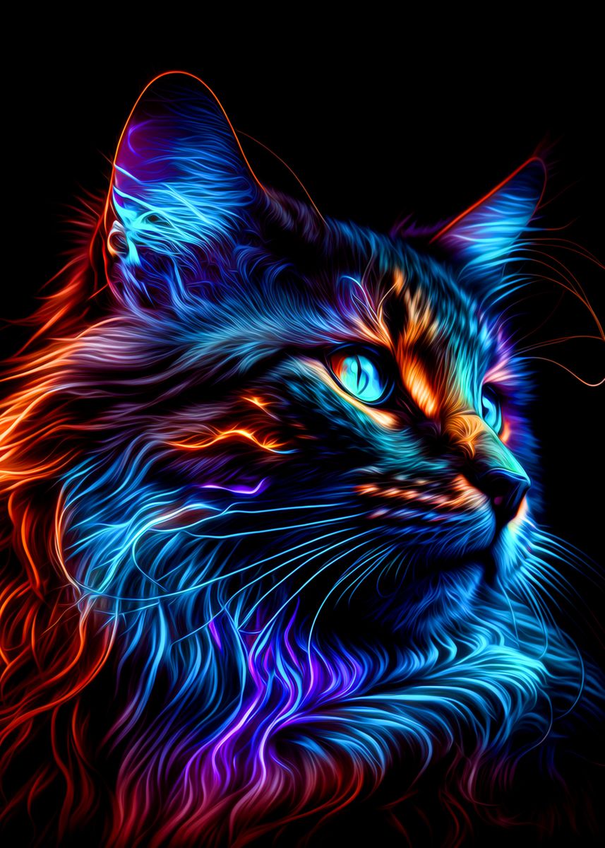 Metal Poster Displate Cat Girl Blue Neon Anime  With Magnet