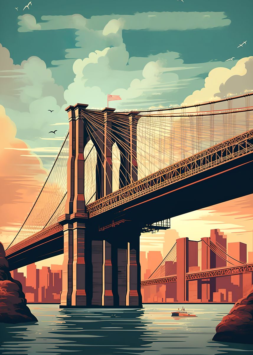 'Brooklyn Bridge Vintage' Poster, picture, metal print, paint by ...