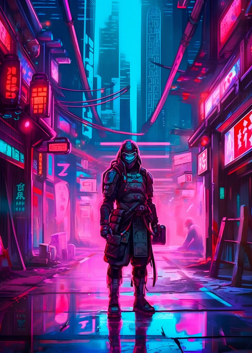 'samurai cyberpunk city' Poster, picture, metal print, paint by Elz art 