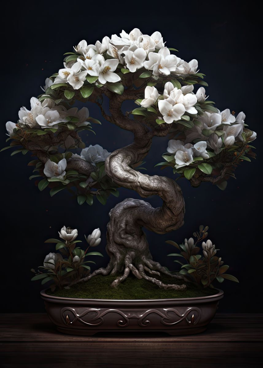 ‘White Flower Bonsai Tree’ Poster, picture, metal print, paint by