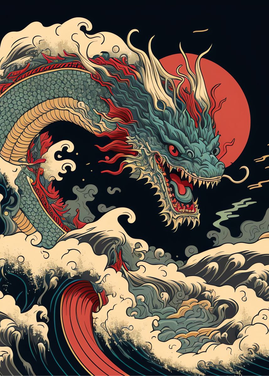 'dragon Ocean Wave Japanese' Poster, Picture, Metal Print, Paint By 