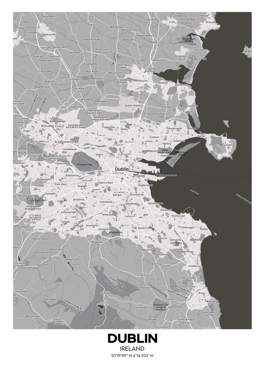 'Dublin Ireland Streetmap' Poster, picture, metal print, paint by ...