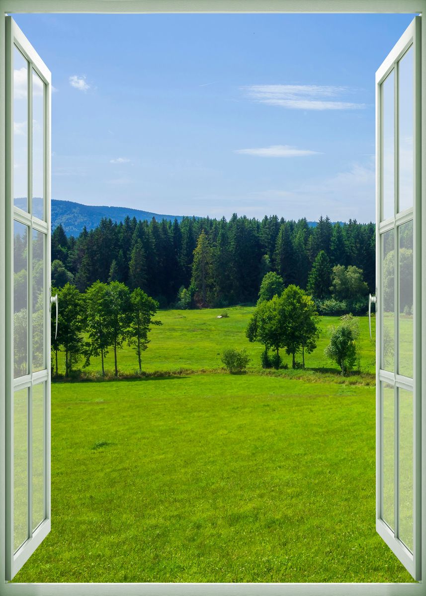 'Window view field mountain' Poster, picture, metal print, paint by ...