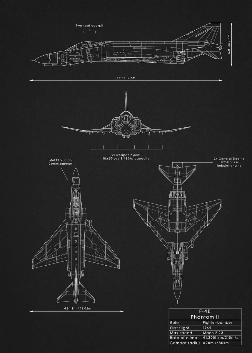 'F4E Phantom II Blueprint' Poster, picture, metal print, paint by Iwoko ...