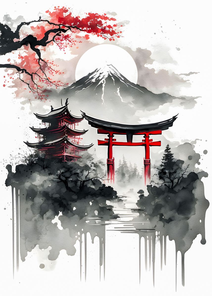 'japan scenery ink wash 2' Poster, picture, metal print, paint by ...