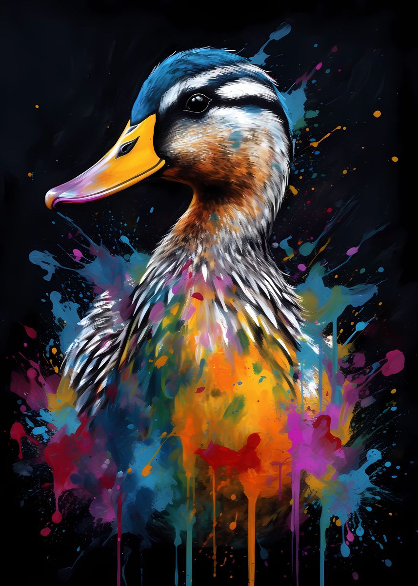 'Colorful Duck With Drips' Poster, picture, metal print, paint by Frank ...