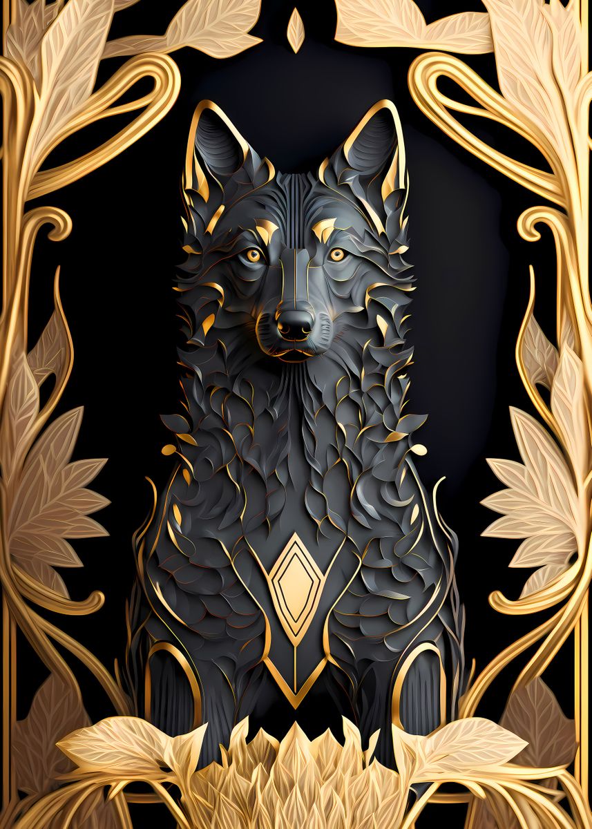 'Ancient Black Golden Wolf' Poster, picture, metal print, paint by