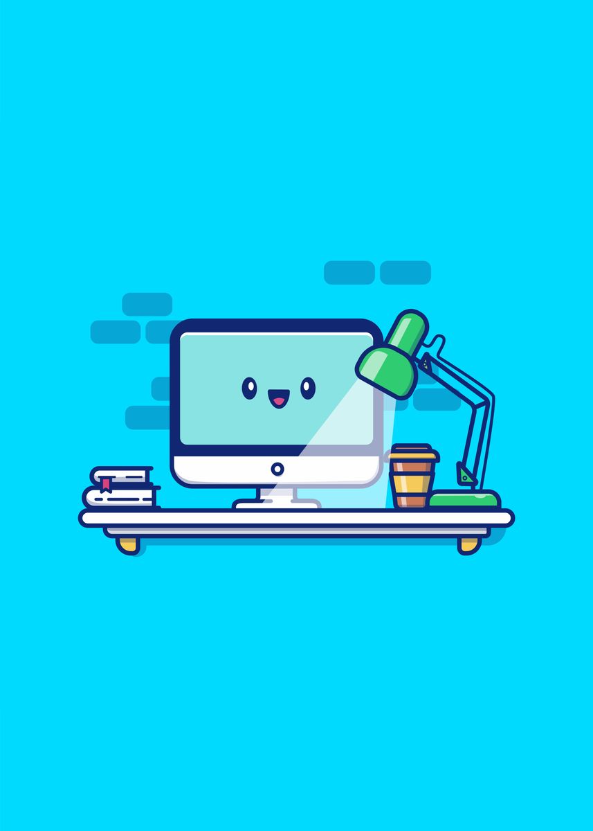 'Cute Computer in Workspace' Poster, picture, metal print, paint by ...