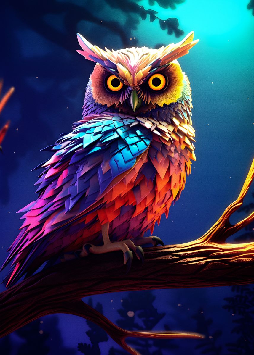 'Owl blue night' Poster, picture, metal print, paint by Elz art | Displate