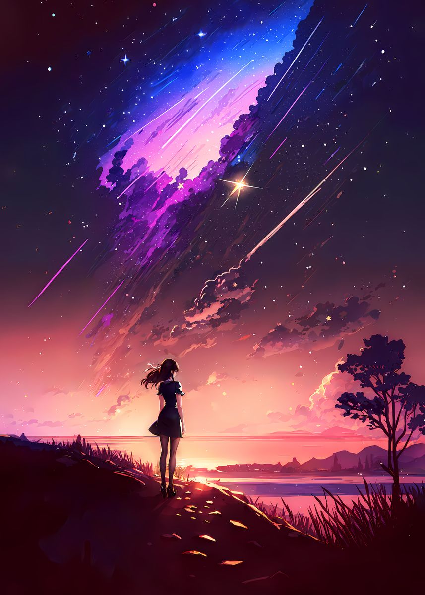 'Anime Girl Shooting Stars' Poster, picture, metal print, paint by ...