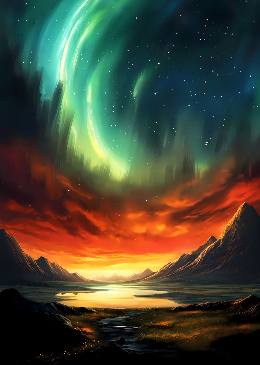 'Sunset Aurora Landscape' Poster, picture, metal print, paint by Luong ...