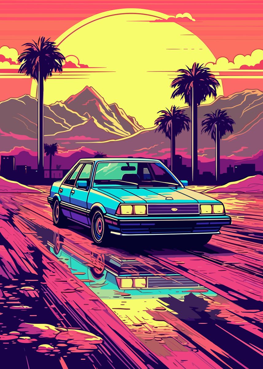 'Car Retro Synthwave' Poster, picture, metal print, paint by Oliver Qo ...