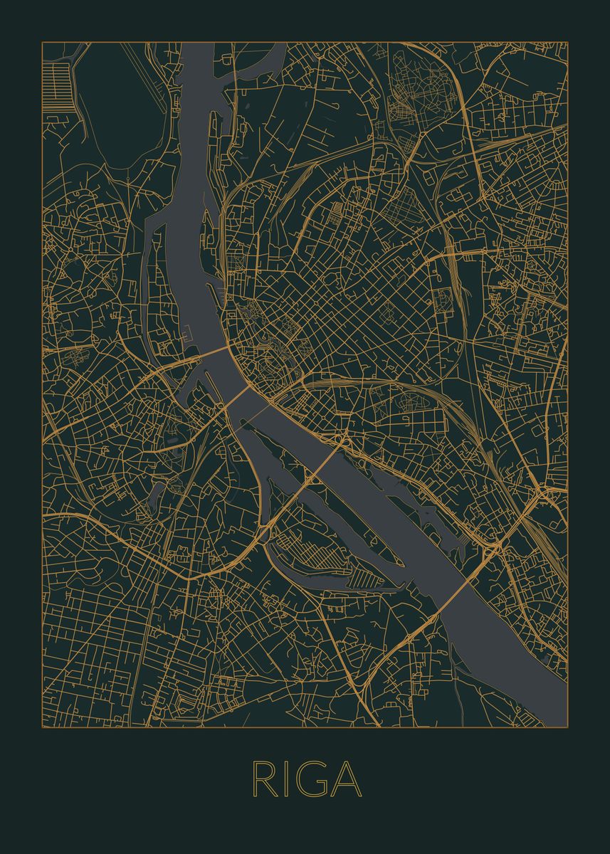 'Riga Gray Orange Map' Poster, picture, metal print, paint by dkDesign ...