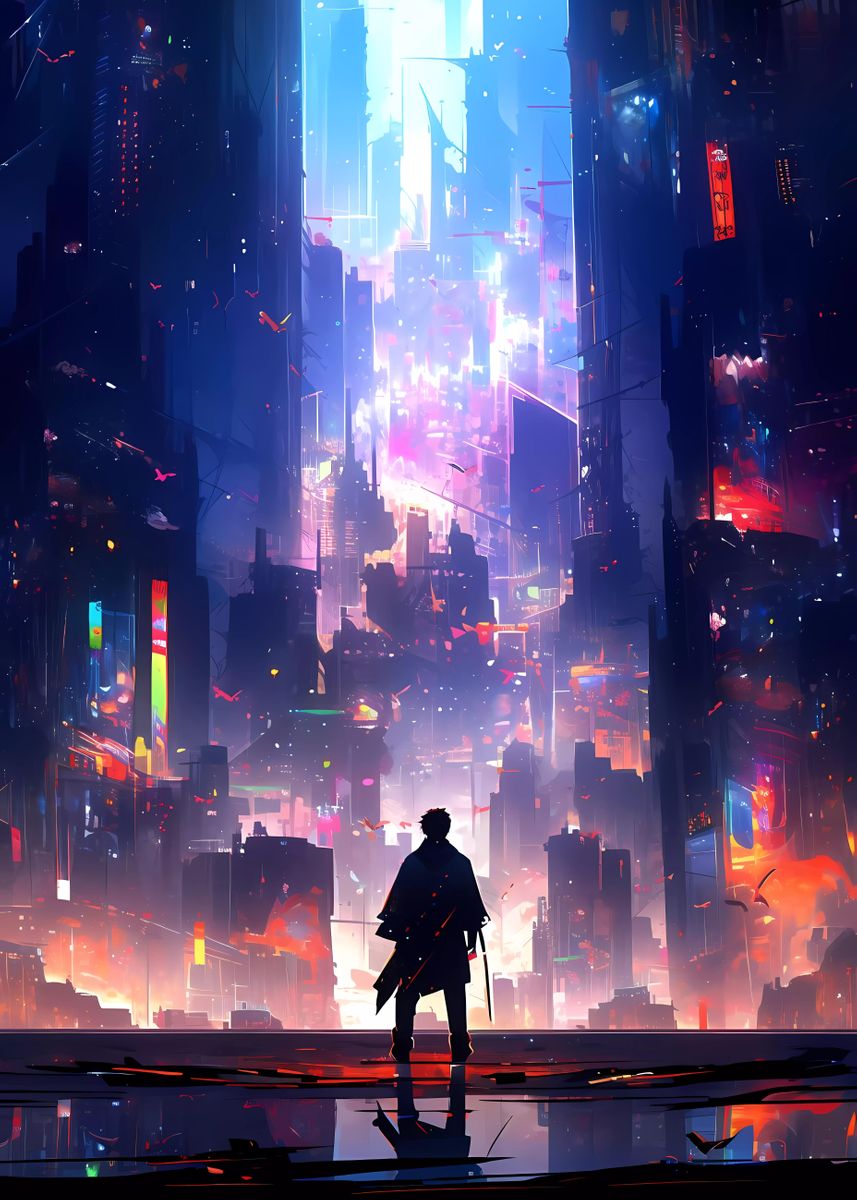 'Cyberpunk Anime City Hero' Poster, picture, metal print, paint by ...