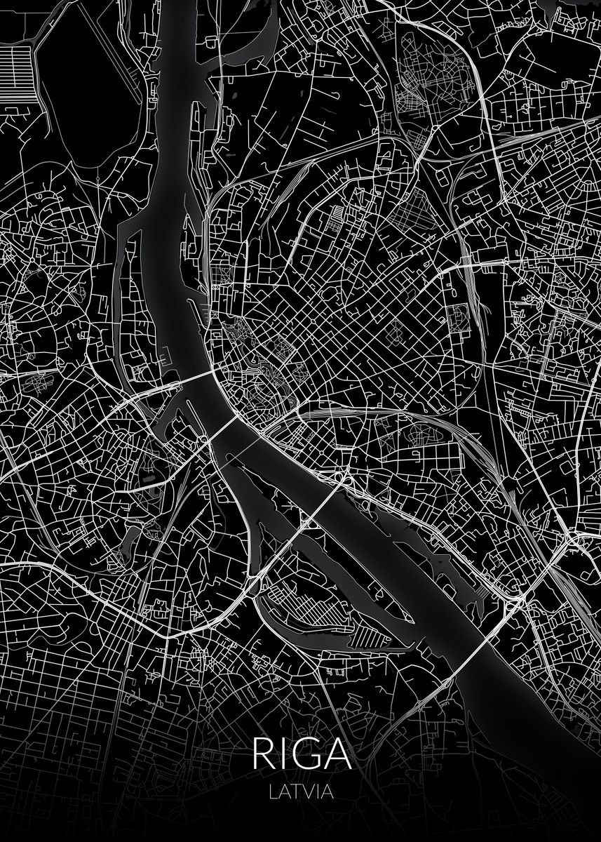 'Riga Map Black' Poster, picture, metal print, paint by dkDesign | Displate