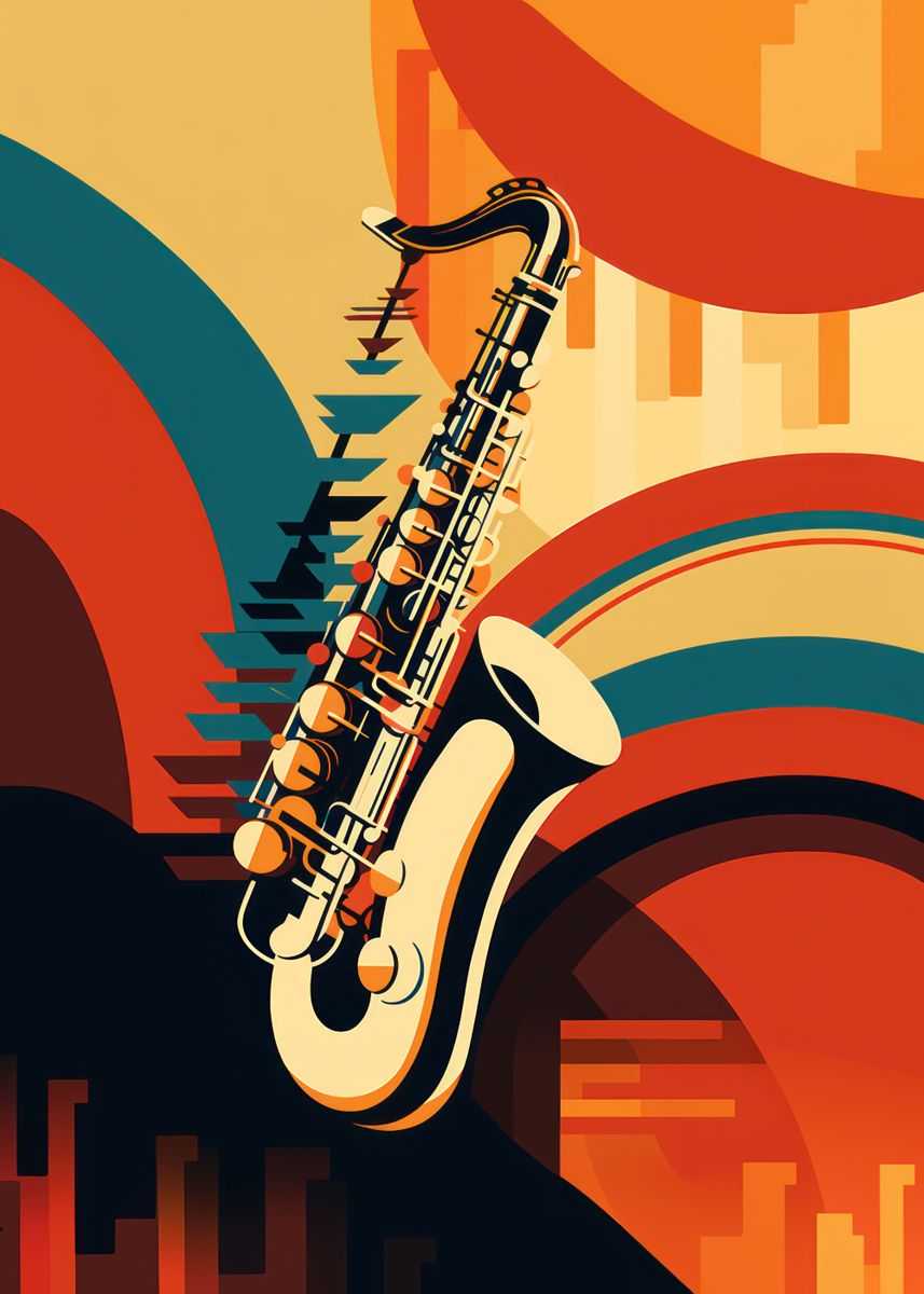 'Retro Art Deco Saxophone' Poster, picture, metal print, paint by