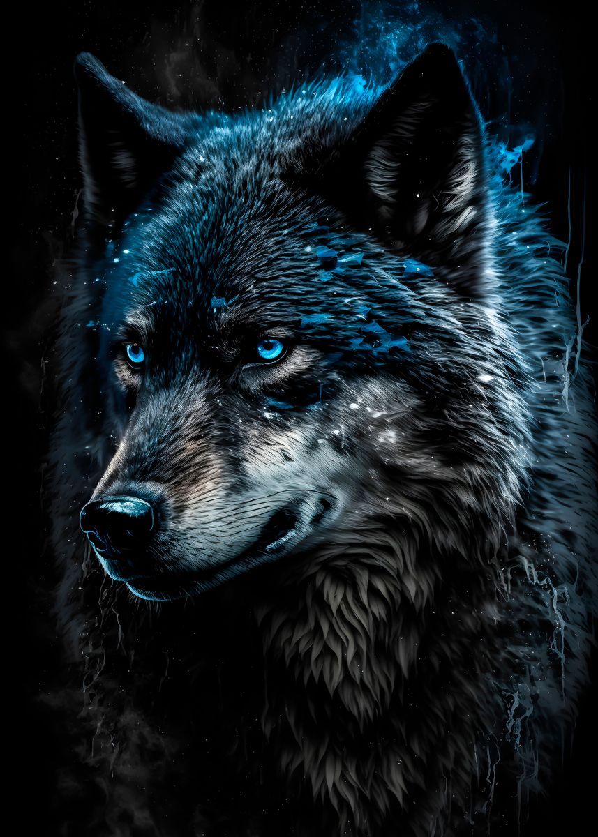 'black Wolf blue eyes art ' Poster, picture, metal print, paint by mk