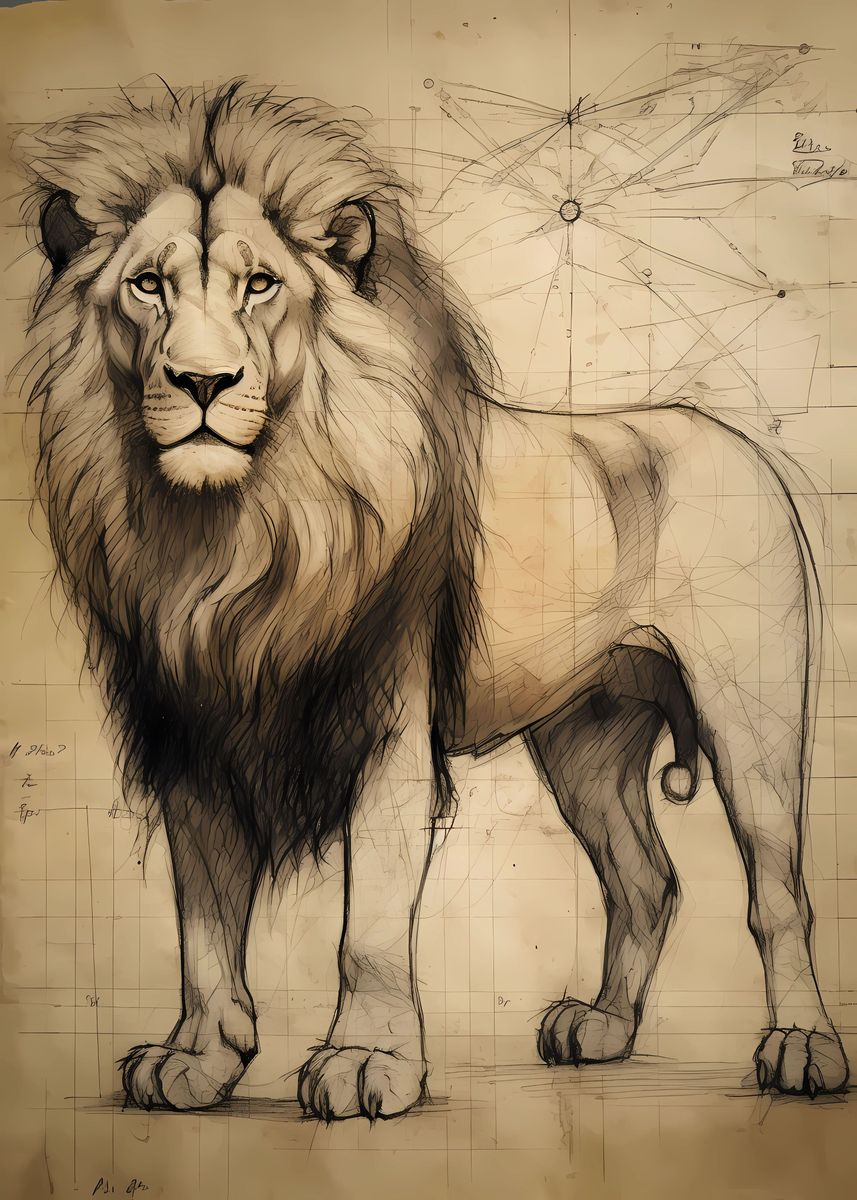 'Lion in Style of Da Vinci' Poster, picture, metal print, paint by