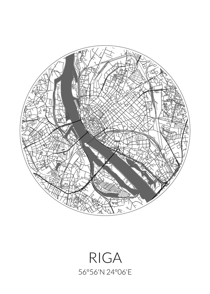 'Riga Circle Map White' Poster, picture, metal print, paint by dkDesign ...