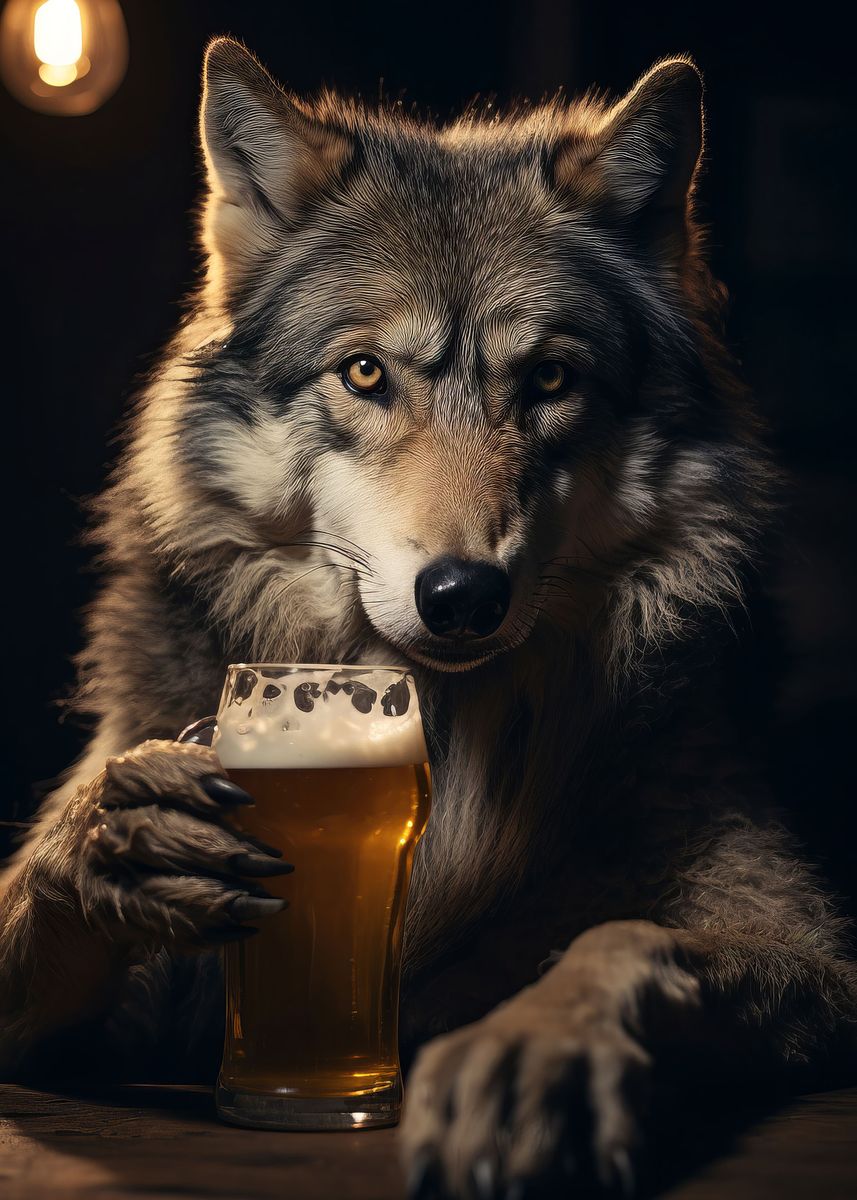 Wolf Drinking Beer Pint' Poster, picture, metal print, paint by 