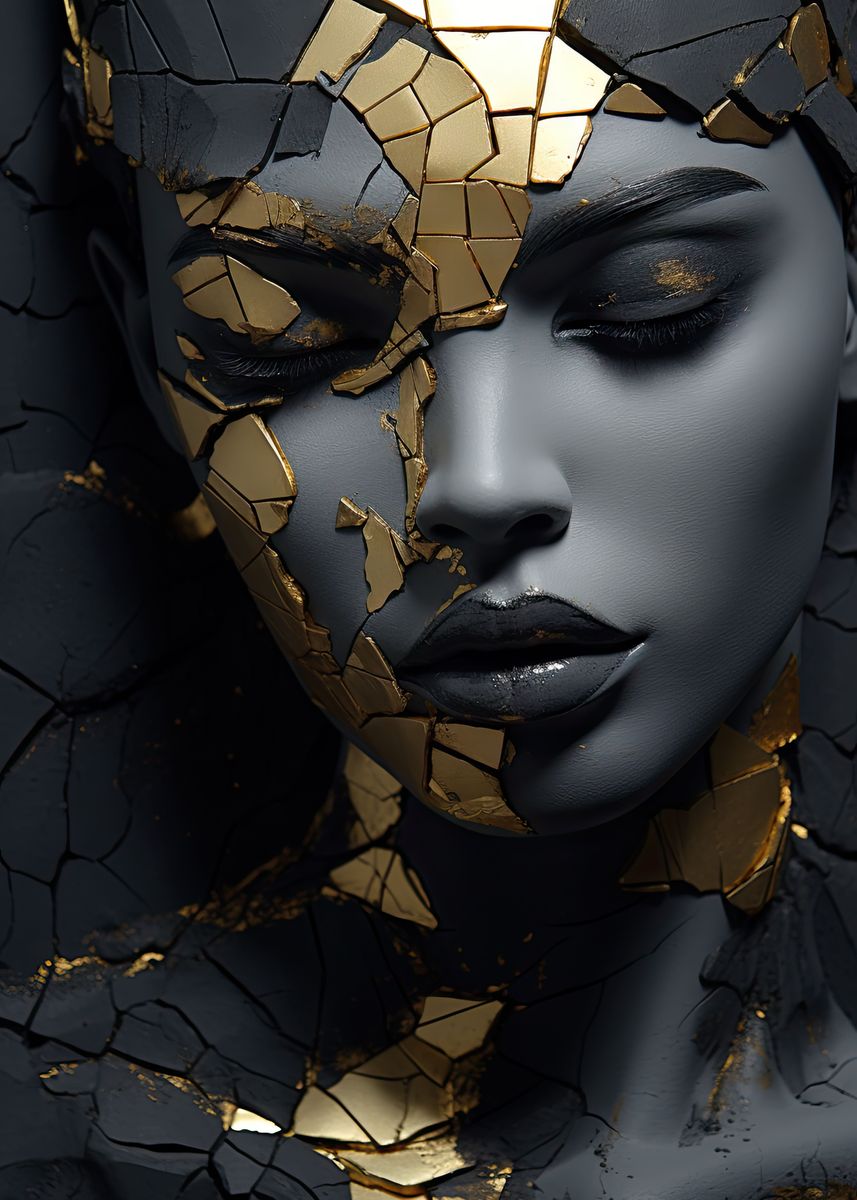 'Kintsugi gold portrait' Poster, picture, metal print, paint by Jerhus