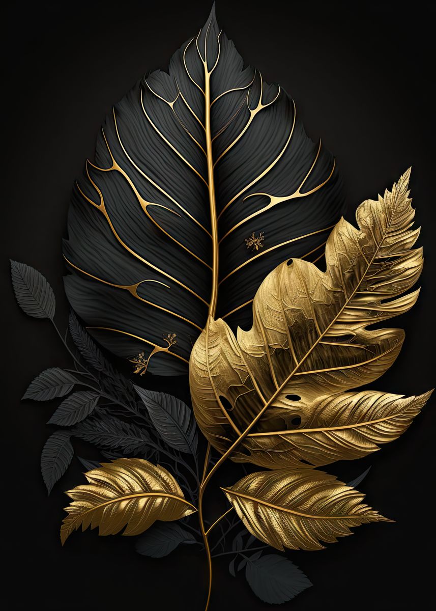 'Leaves black gold' Poster, picture, metal print, paint by Jerhus ...