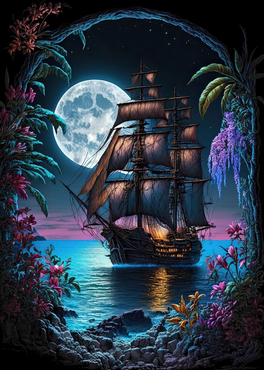 'Pirate Ship Moonlight' Poster, picture, metal print, paint by Creative ...