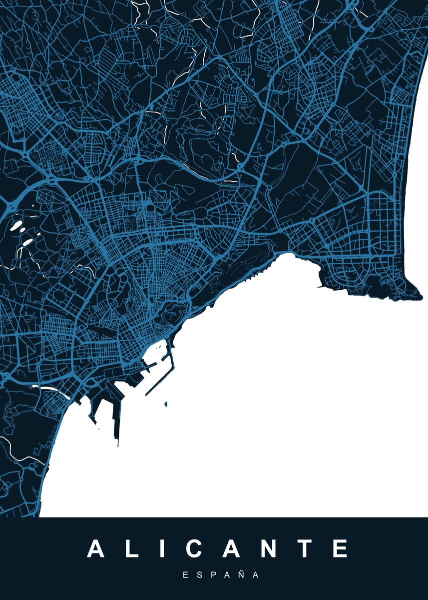 'MAP ALICANTE SPAIN ' Poster, picture, metal print, paint by UrbanMaps | Displate