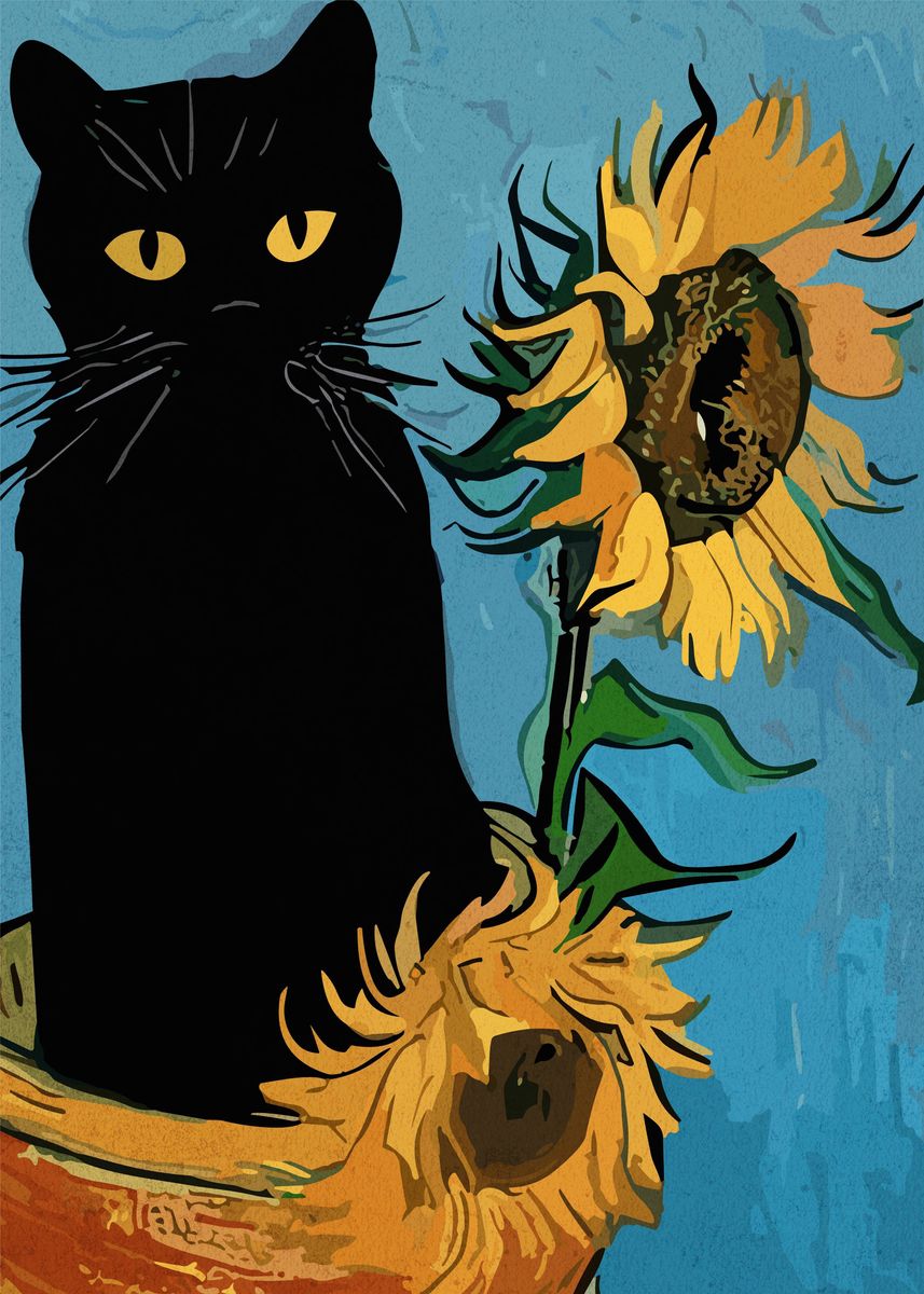 'Sunflowers And A Black Cat' Poster, picture, metal print, paint by