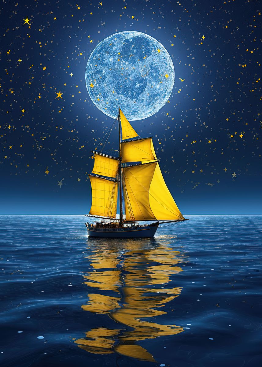 'boat night moon ' Poster, picture, metal print, paint by Patsy Montoya ...