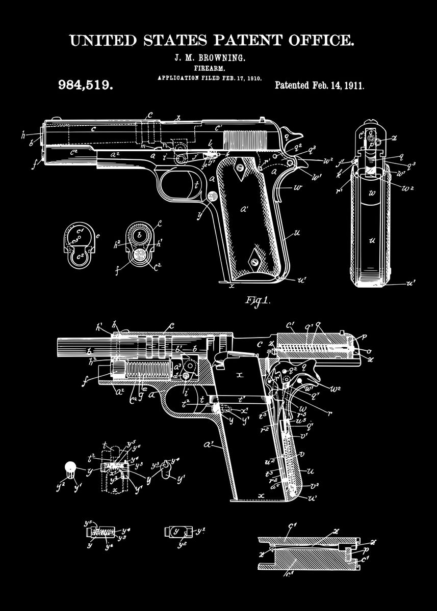'1911 Handgun patent' Poster, picture, metal print, paint by Sam Kal | Displate