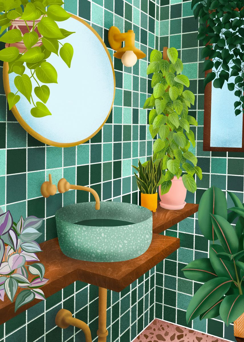 'Green Bathroom' Poster, picture, metal print, paint by Gush Art Studio | Displate