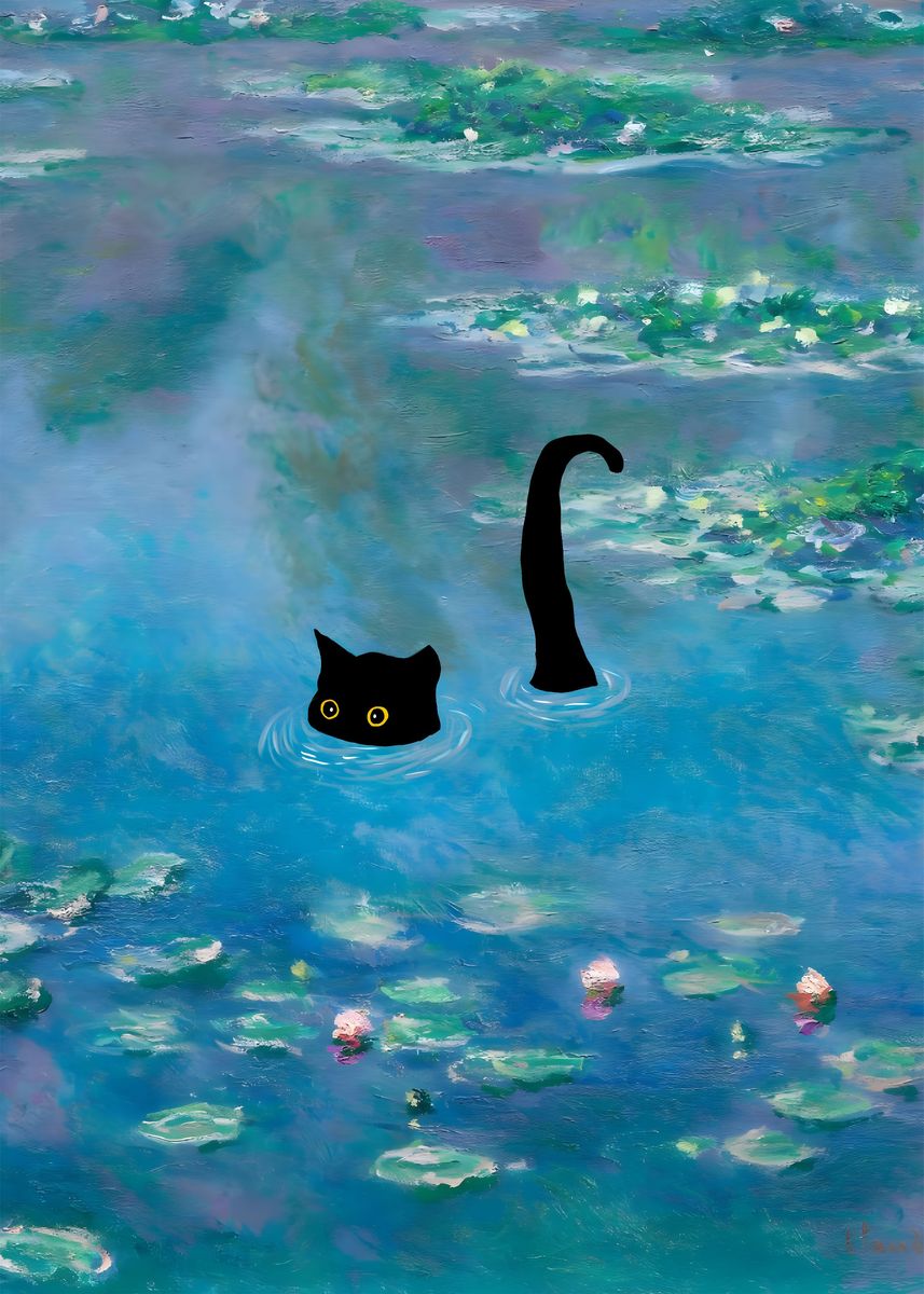 'Cat in Waterlilies Monet' Poster, picture, metal print, paint by Izu ...