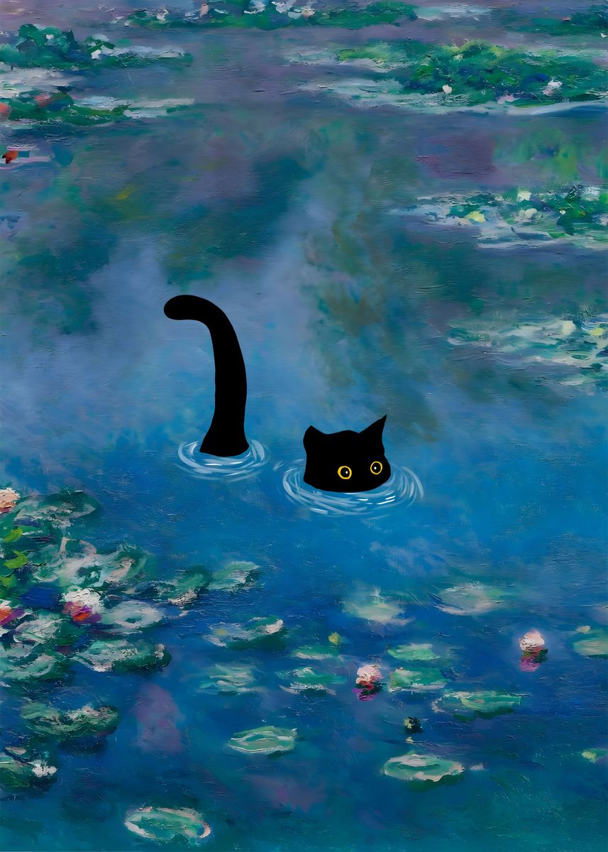 'Black Cat in Waterlilies' Poster, picture, metal print, paint by dwopp ...