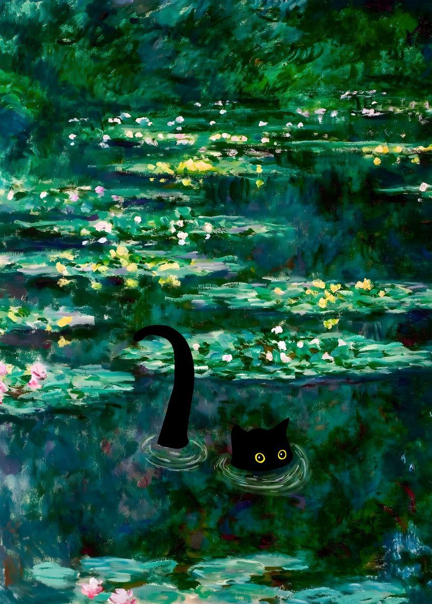 'Black Cat in Green Pond' Poster, picture, metal print, paint by dwopp ...