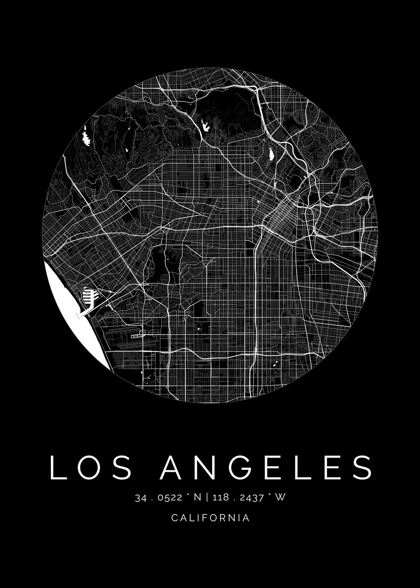 'Black Los Angeles CA Map' Poster, picture, metal print, paint by ...