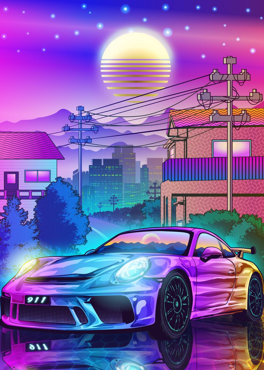 'Porsche 911 Synthwave 3' Poster by Ilhamqrov | Displate