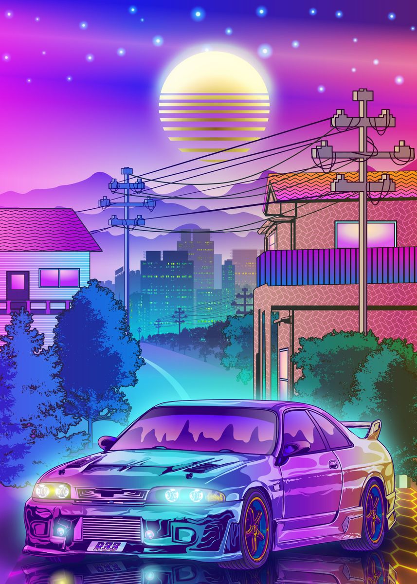 'Skyline Gtr R33 Synthwave ' Poster by Ilhamqrov | Displate