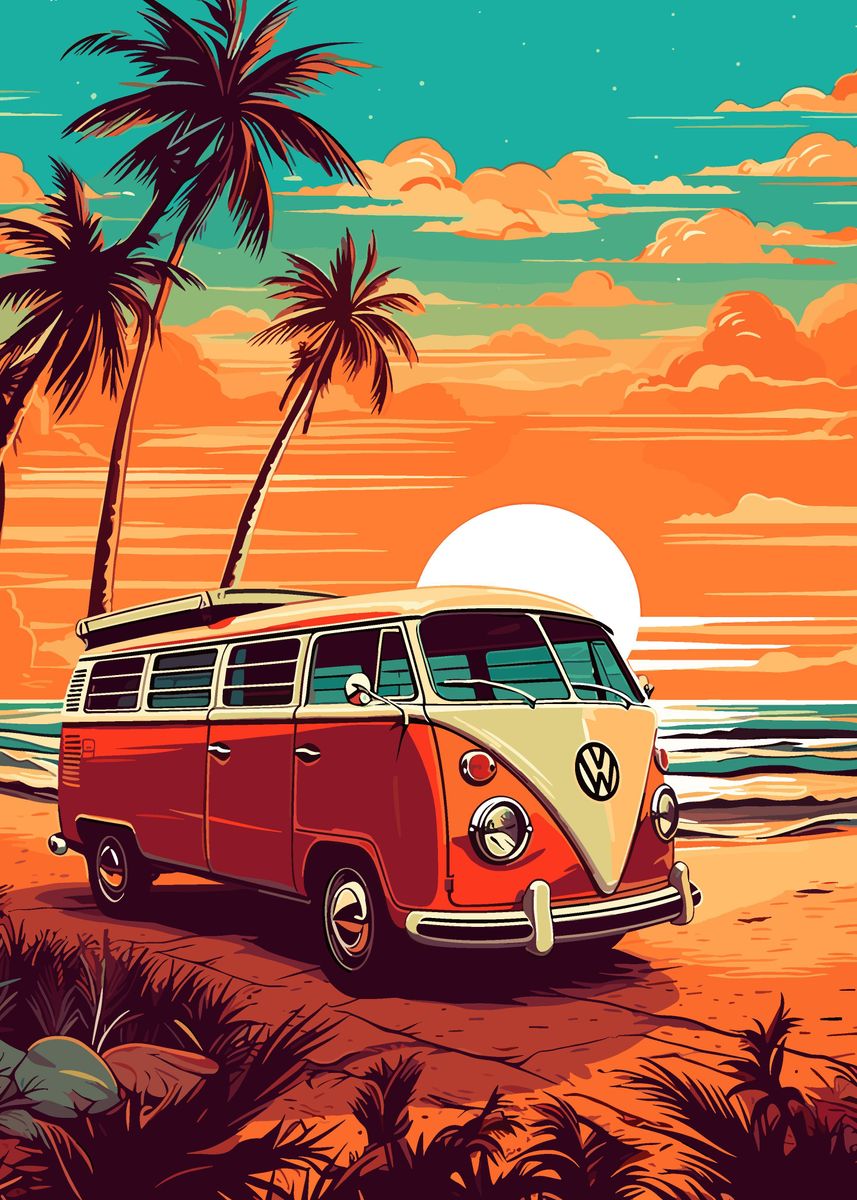 'bus on the beach' Poster, picture, metal print, paint by Musical ...