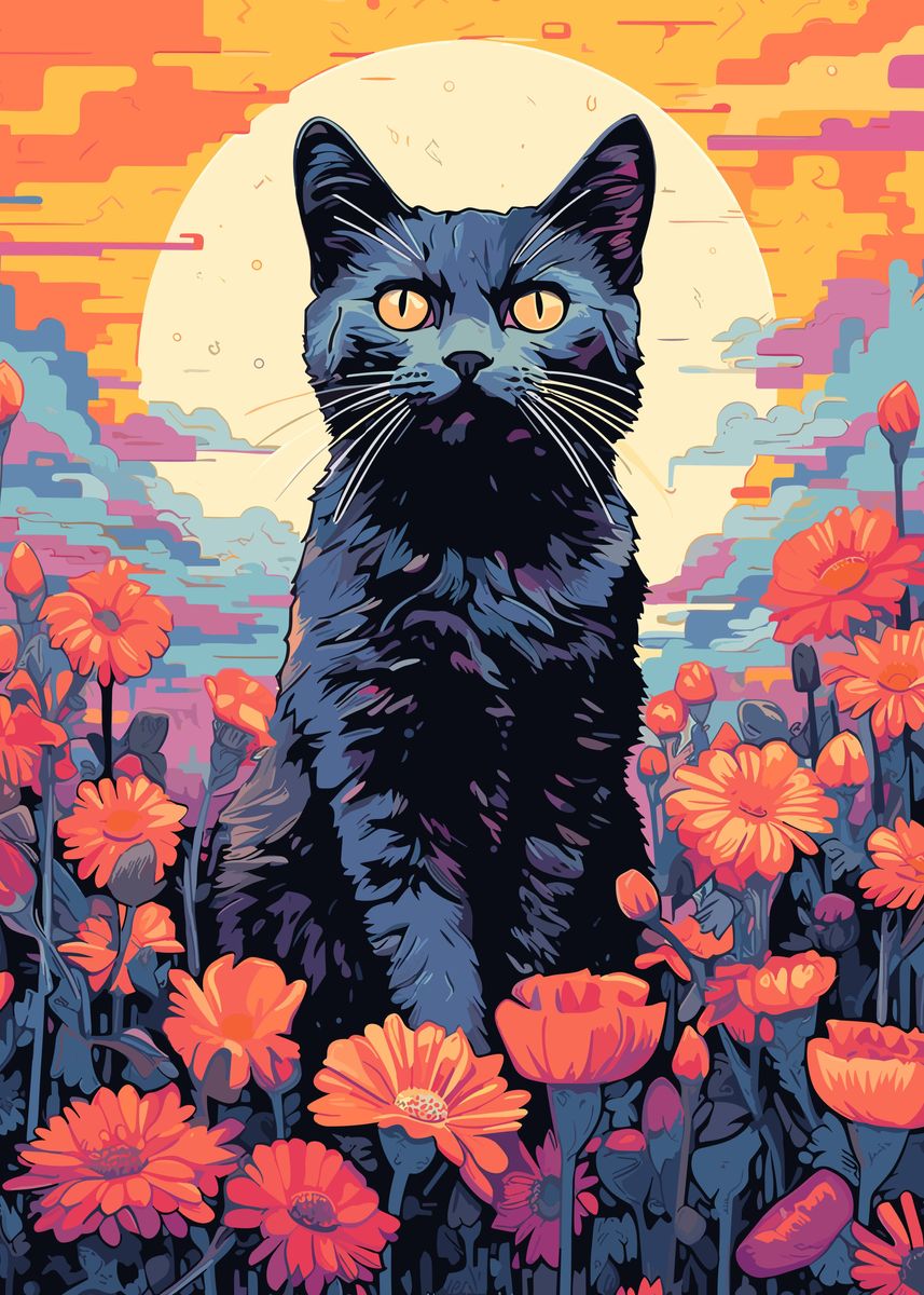 Cat and Flowers Framed poster