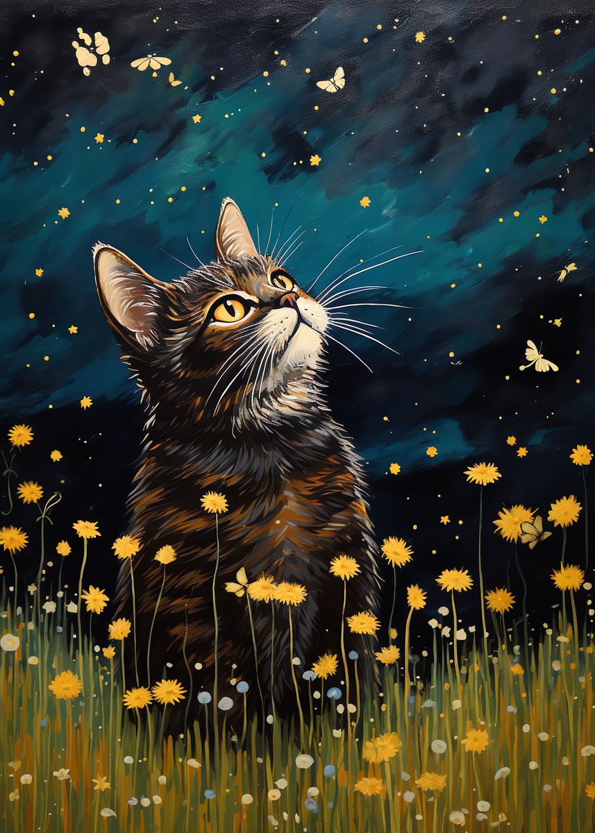 'Flower Cat and Butterflies' Poster, picture, metal print, paint by ...