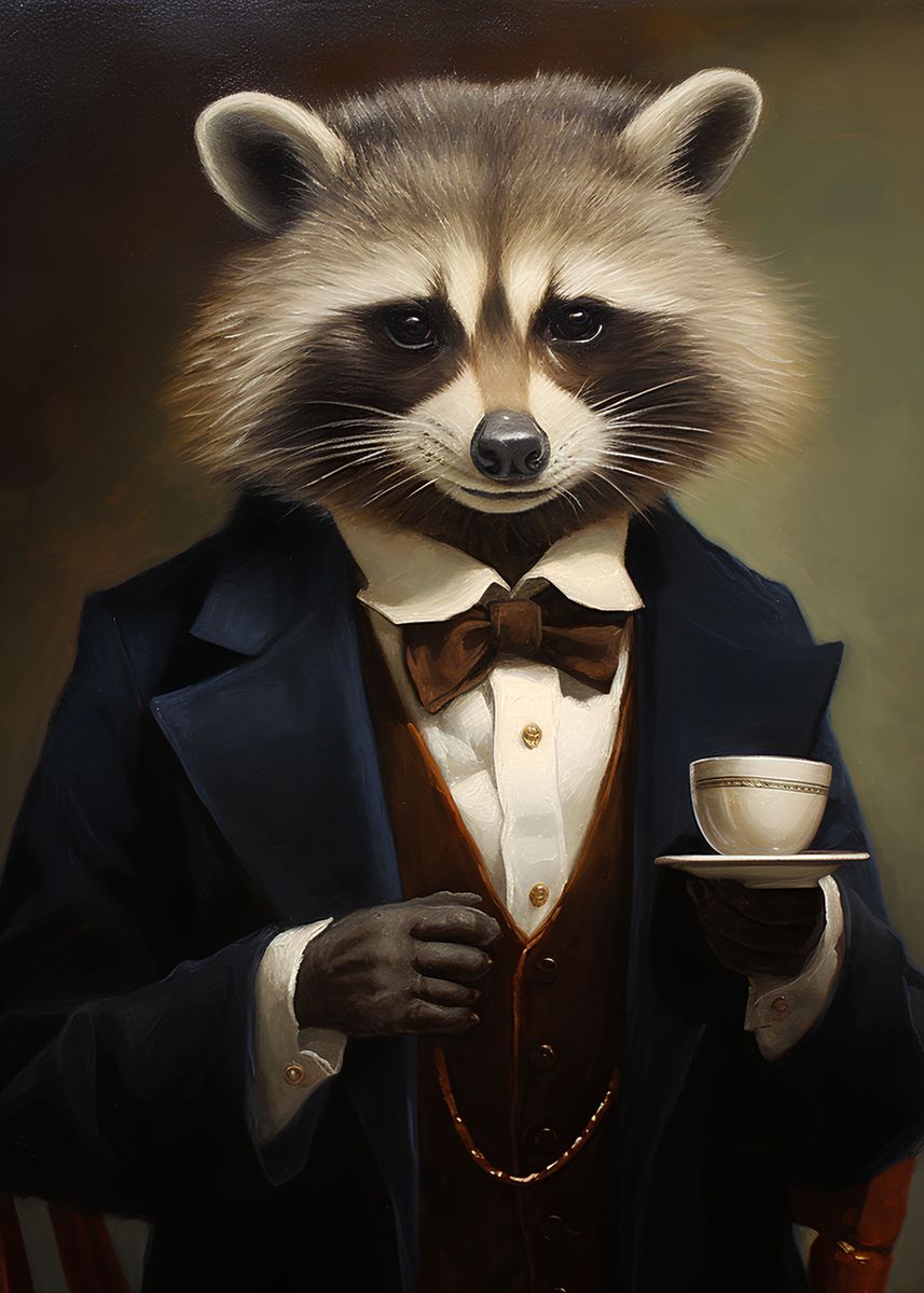 'raccoon standing in a suit' Poster, picture, metal print, paint by ...