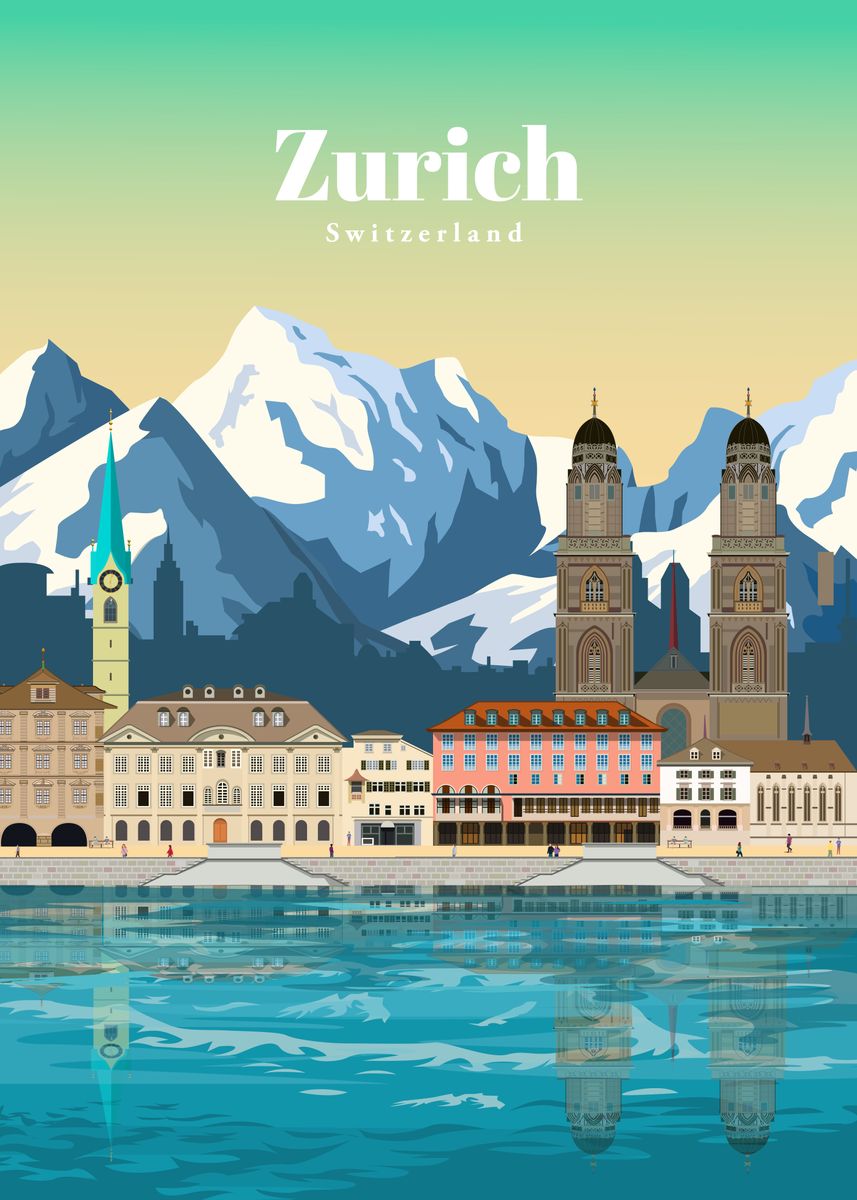 Travel to Zurich\' Poster, picture, metal print, paint by Studio 324 |  Displate