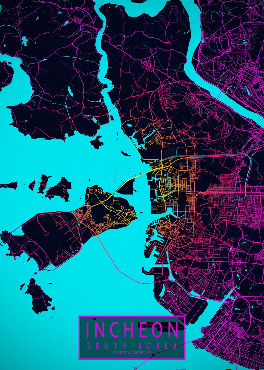 'Incheon City Map Neon' Poster, picture, metal print, paint by deMAP ...