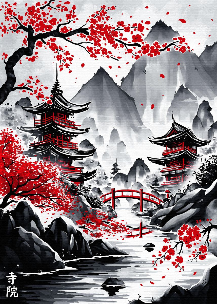 Japanese Temple Ink Wash Poster Painting factory canvas 20*30inch