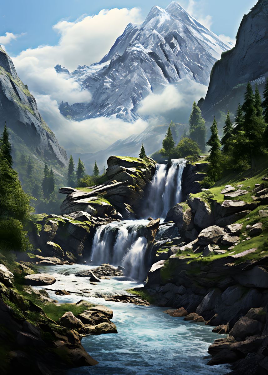 'Mountain Waterfall River' Poster by Art Jiyuu | Displate