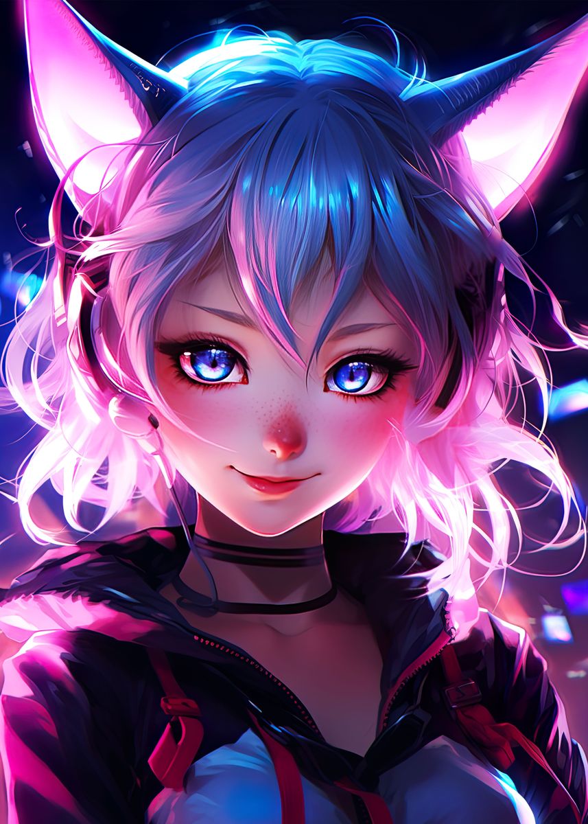 'smile Catgirl Neon Anime ' Poster, picture, metal print, paint by ...