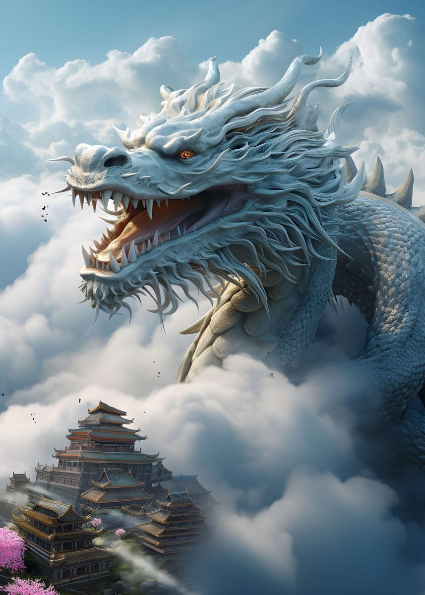 'Asian Dragon Sky Encounter' Poster, picture, metal print, paint by ...