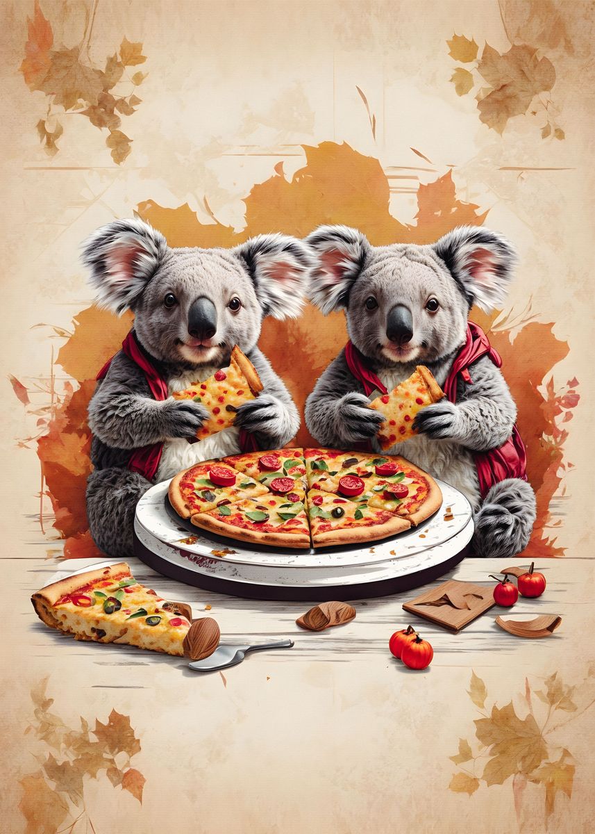 'Twin koalas Eating Pizza' Poster, picture, metal print, paint by Dream